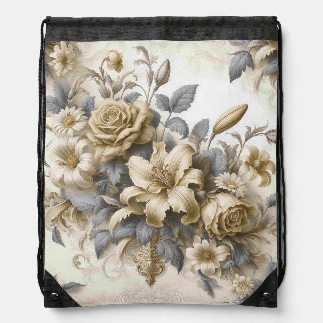 Antique Tinge Yellow Floral Perfection Drawstring Bag (Front)