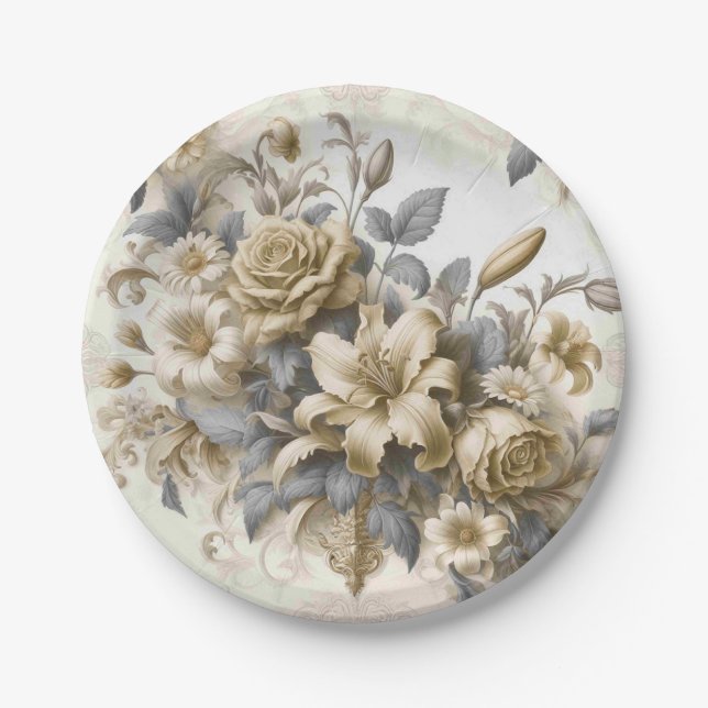 Antique Tinge Yellow Floral Perfection Paper Plates (Front)