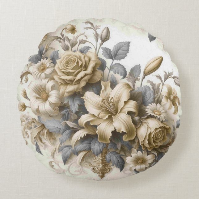 Antique Tinge Yellow Floral Perfection Round Pillow (Front)