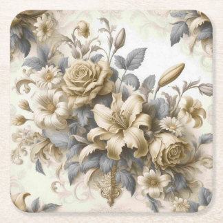 Antique Tinge Yellow Floral Perfection Square Paper Coaster