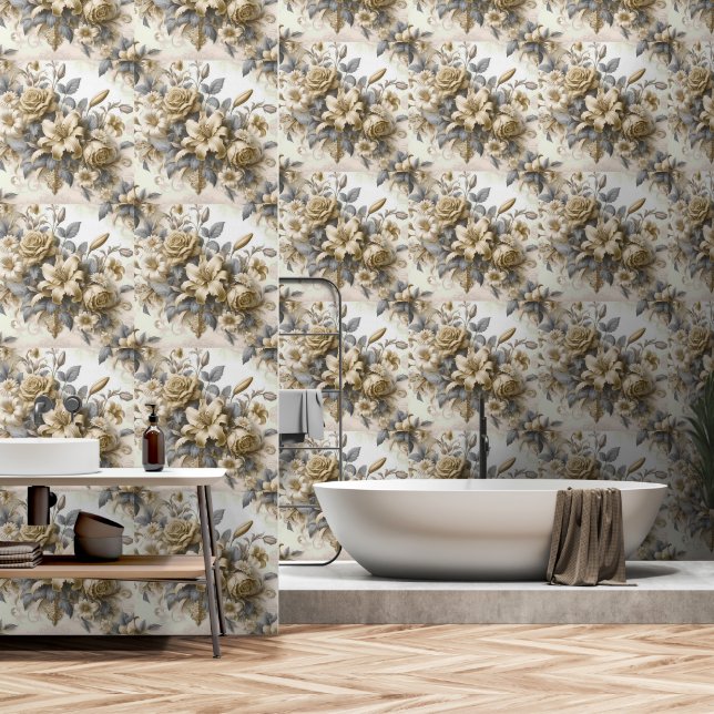 Antique Tinge Yellow Floral Perfection Wallpaper (Bathroom)