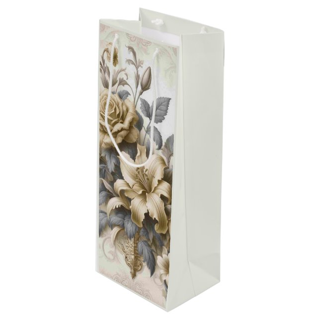 Antique Tinge Yellow Floral Perfection Wine Gift Bag (Front Angled)