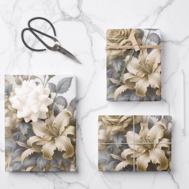 Antique Tinge Yellow Floral Perfection Wrapping Paper Sheets (Front)