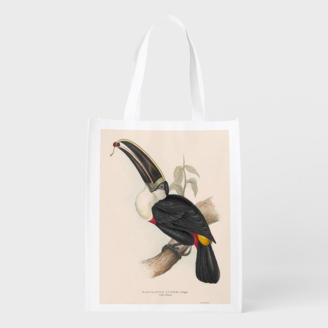 Antique Toucan Bird Wildlife Painting Grocery Bag (Back)