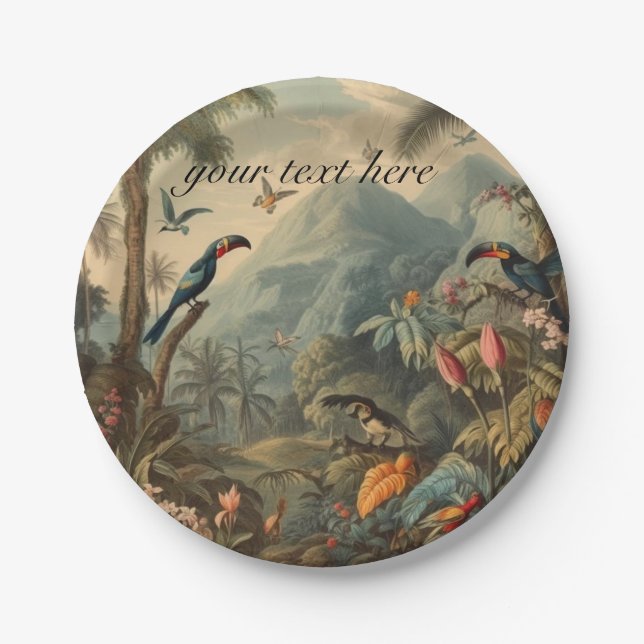 Antique Toucan Tropical Custom Text Party Plate (Front)