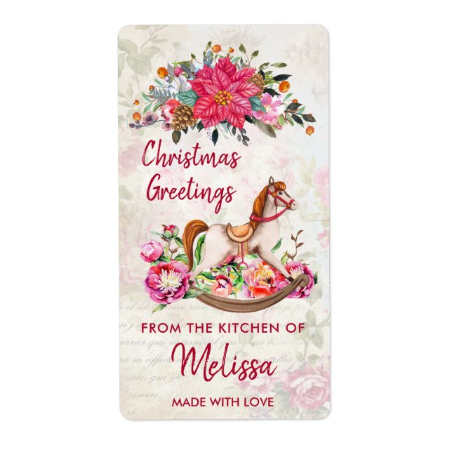 Antique Toy Horse & Poinsettia Christmas Kitchen Label (Front)