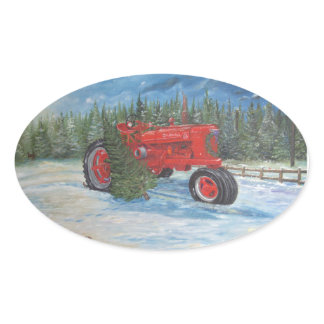 Antique Tractor at a Christmas Tree Farm Oval Sticker