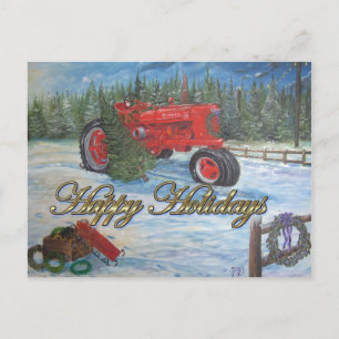 Antique Tractor Happy Holidays at a Tree Farm Holiday Postcard