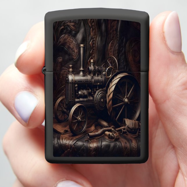 Antique Tractor on Leather Zippo Lighter (In Hand)