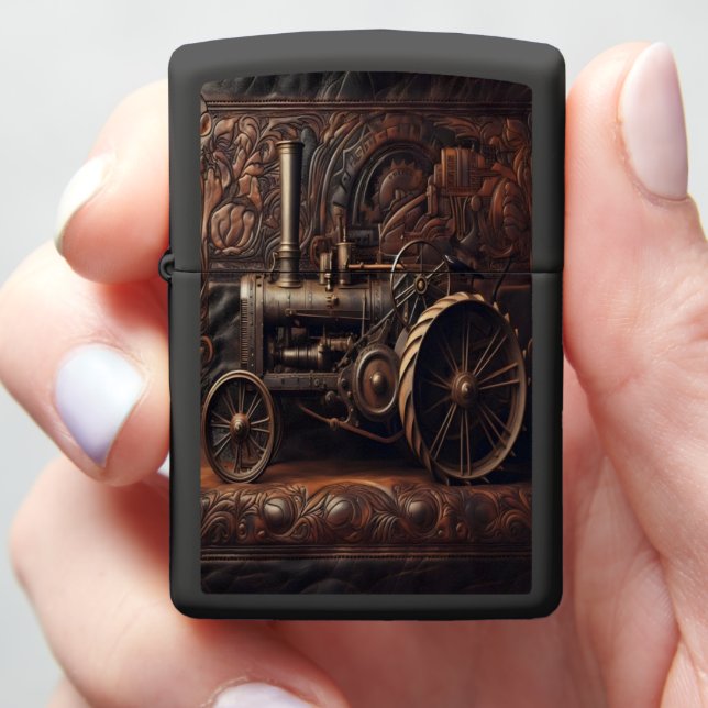 Antique Tractor On Leather Zippo Lighter (In Hand)