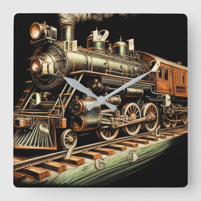 Antique Train Engine Railfan Square Wall Clock (Front)