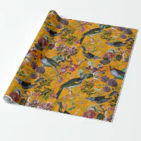 Antique Nostalgic Redouté Flowers and Birds black Wrapping Paper