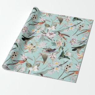 Antique Tropical Hummingbird Jungle Pattern Teal Wrapping Paper