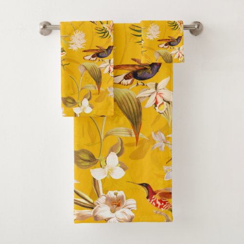 Antique Tropical Hummingbird Jungle Pattern Yellow Bath Towel Set