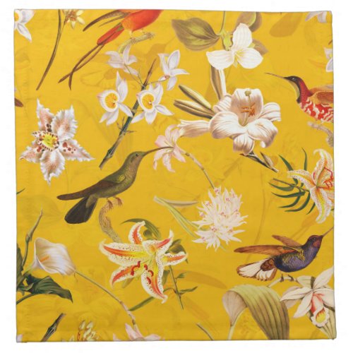 Antique Tropical Hummingbird Jungle Pattern Yellow Cloth Napkin