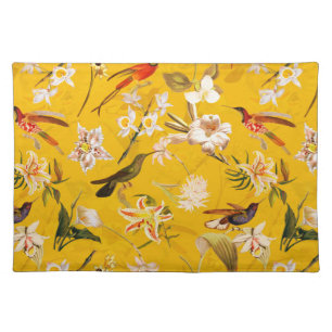 Antique Tropical Hummingbird Jungle Pattern Yellow Cloth Placemat