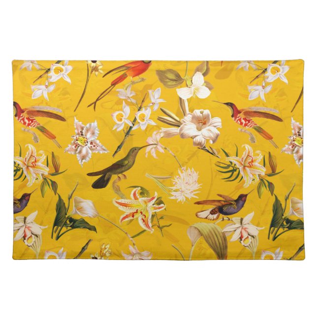 Antique Tropical Hummingbird Jungle Pattern Yellow Cloth Placemat (Front)