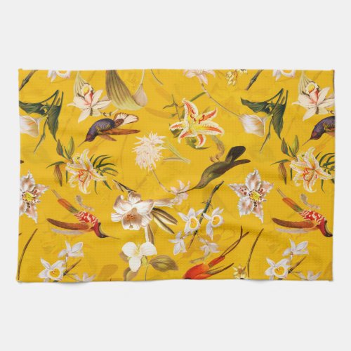 Antique Tropical Hummingbird Jungle Pattern Yellow Kitchen Towel