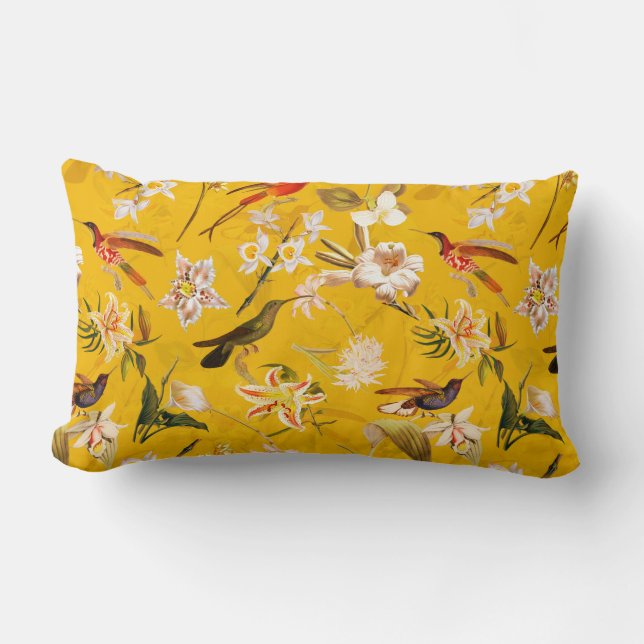 Antique Tropical Hummingbird Jungle Pattern Yellow Lumbar Pillow (Front)