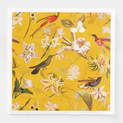 Antique Tropical Hummingbird Jungle Pattern Yellow Paper Dinner Napkins