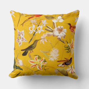 Antique Tropical Hummingbird Jungle Pattern Yellow Throw Pillow