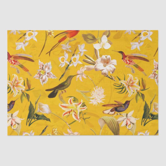 Antique Tropical Hummingbird Jungle Pattern Yellow Tissue Paper (Front)