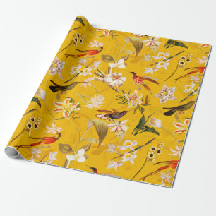 Antique Tropical Hummingbird Jungle Pattern Yellow Wrapping Paper