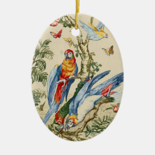 Antique Tropical Parrot and Butterfly Fine Art Ceramic Ornament