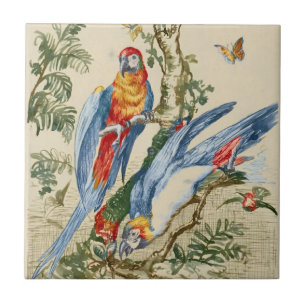 Antique Tropical Parrot and Butterfly Fine Art Ceramic Tile