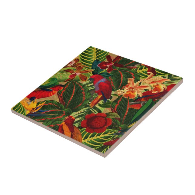Antique Tropical Parrots Jungle Pattern Ceramic Tile (Side)