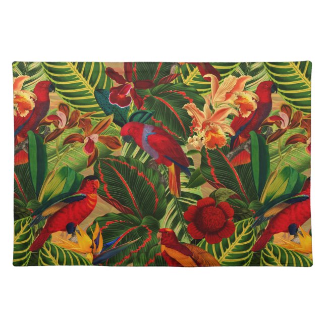 Antique Tropical Parrots Jungle Pattern Cloth Placemat (Front)