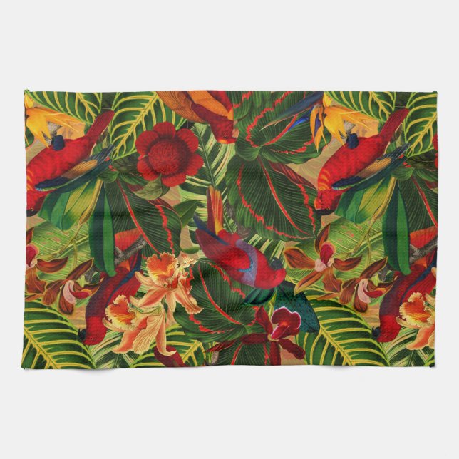 Antique Tropical Parrots Jungle Pattern Kitchen Towel (Horizontal)