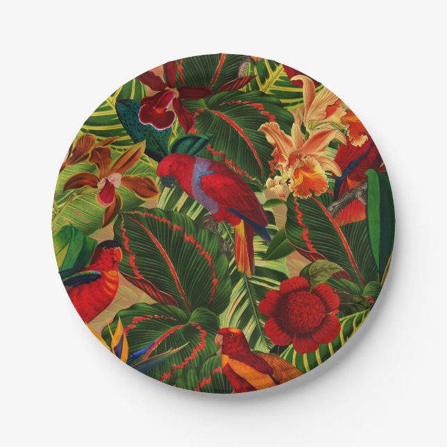Antique Tropical Parrots Jungle Pattern Paper Plates (Front)