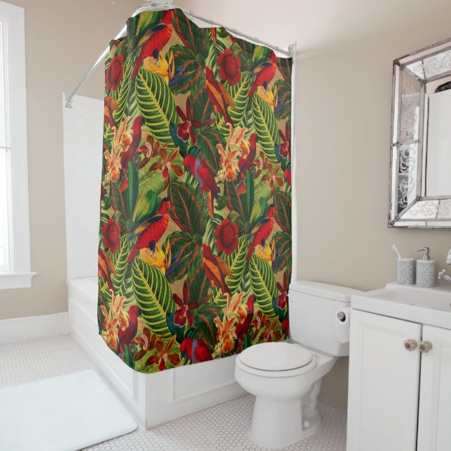 Antique Tropical Parrots Jungle Pattern Shower Curtain (In Situ)