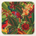 Antique Tropical Parrots Jungle Pattern Square Paper Coaster
