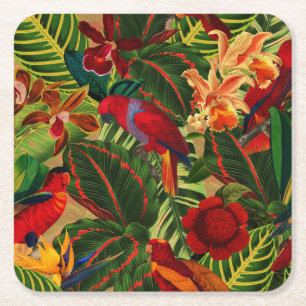 Antique Tropical Parrots Jungle Pattern Square Paper Coaster