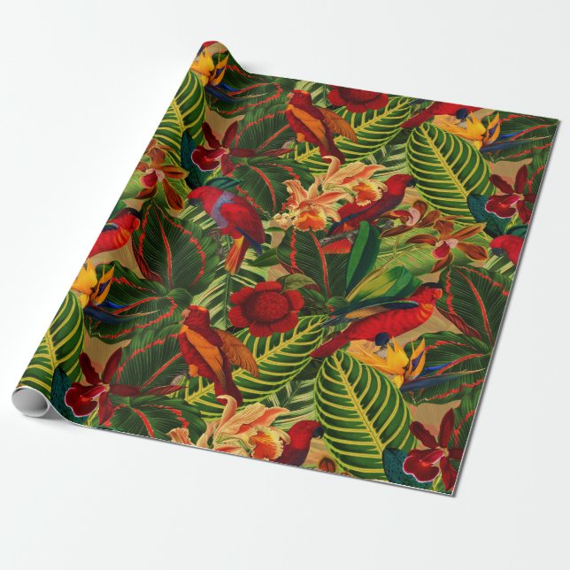 Antique Tropical Parrots Jungle Pattern Wrapping Paper (Unrolled)