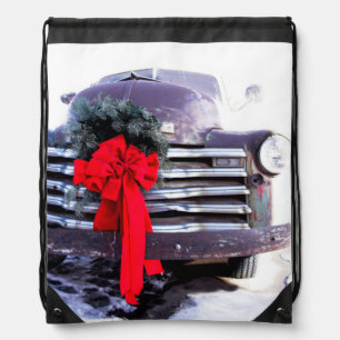 Antique Truck with Festive Christmas Wreath Drawstring Bag