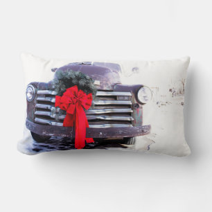 Antique Truck with Festive Christmas Wreath Lumbar Pillow