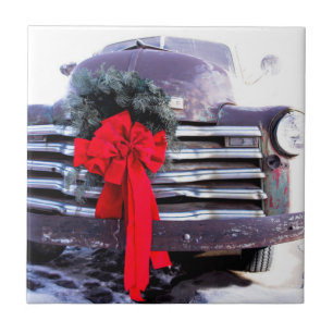Antique Truck with Festive Christmas Wreath Tile