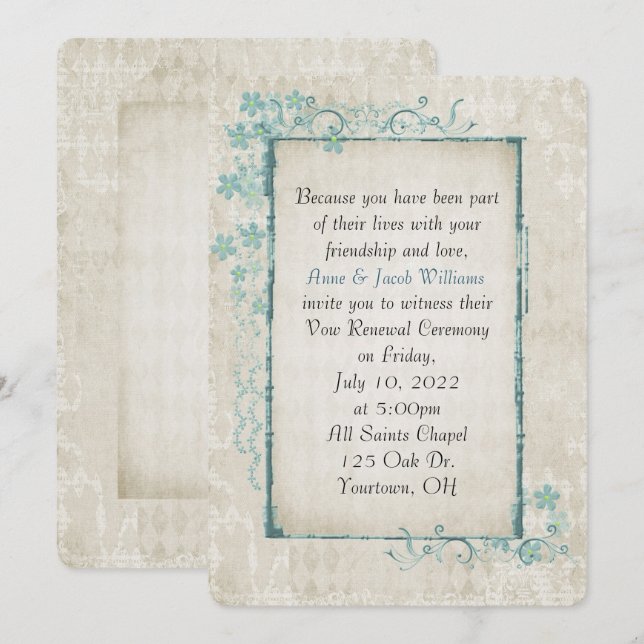 antique turquoise floral frame for Vow Renewal Invitation (Front/Back)