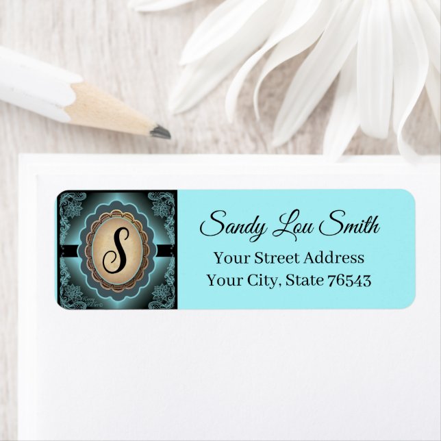 Antique Turquoise Lace Monogram Address Label (Insitu)