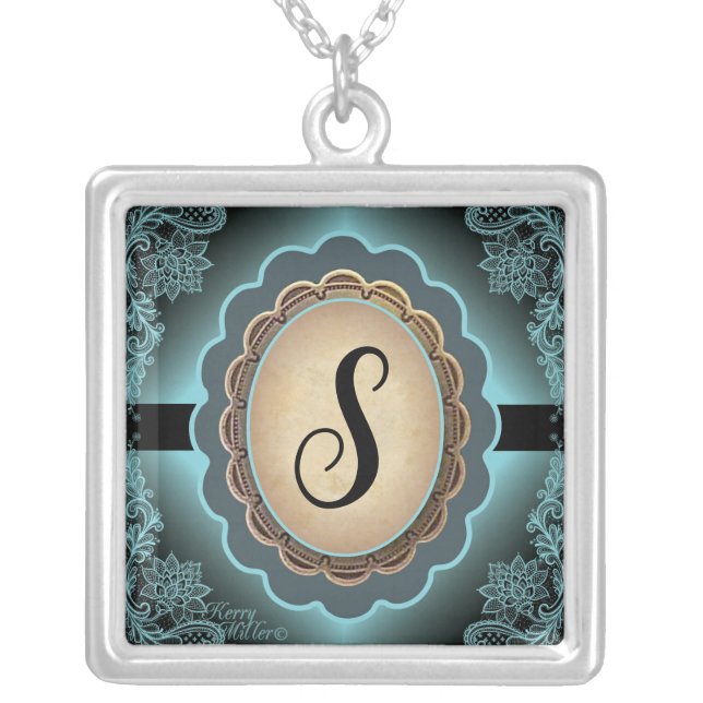 Antique Turquoise Lace Monogram Silver Necklace (Front)