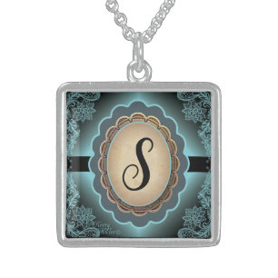 Antique Turquoise Lace Monogram Silver Necklace