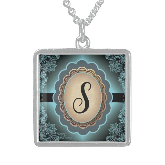 Antique Turquoise Lace Monogram Silver Necklace (Front)