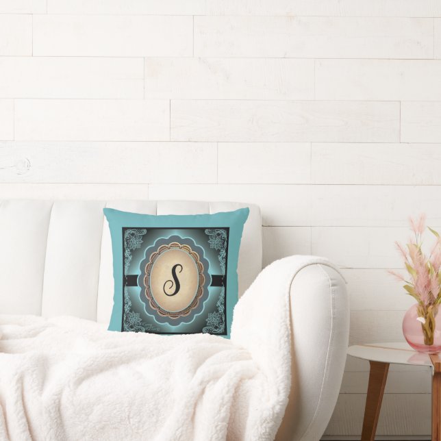 Antique Turquoise Lace Monogram Throw Pillow (Couch)