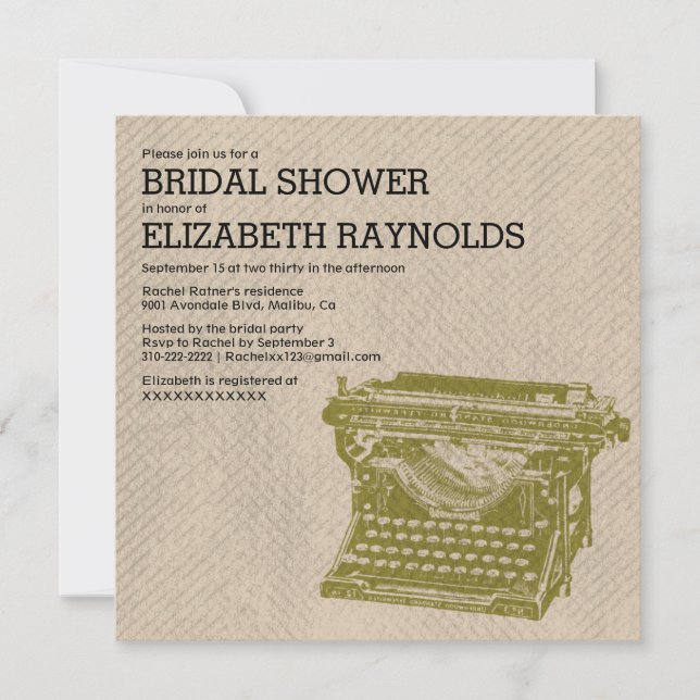 Antique Typewriter Keys Bridal Shower Invitations (Front)