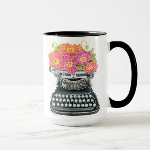 Antique typewriter with happy  colorful poppies  mug