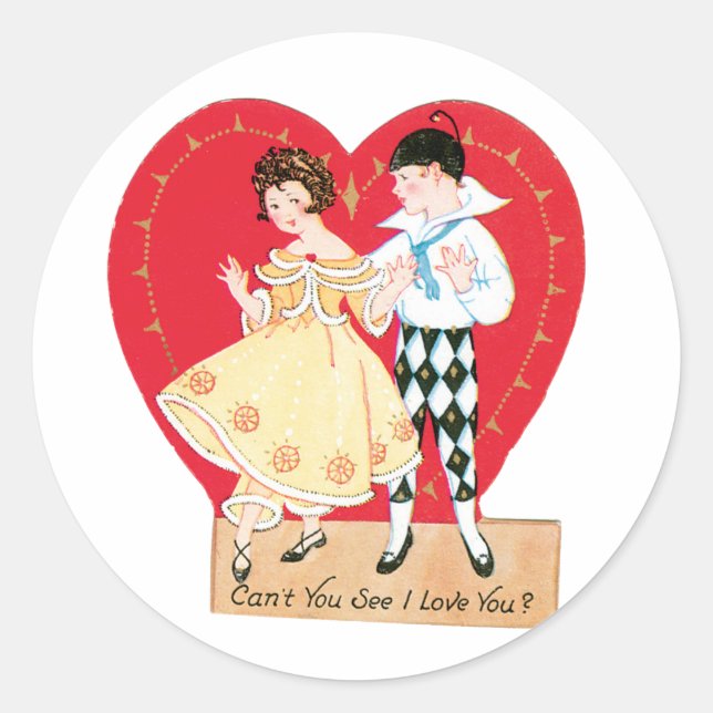Antique Valentine Couple Heart Classic Round Sticker (Front)