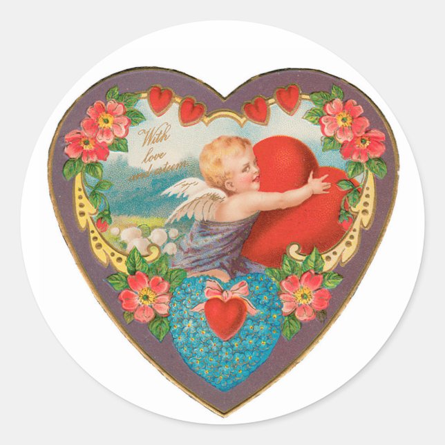 Antique Valentine Cupid Heart Classic Round Sticker (Front)